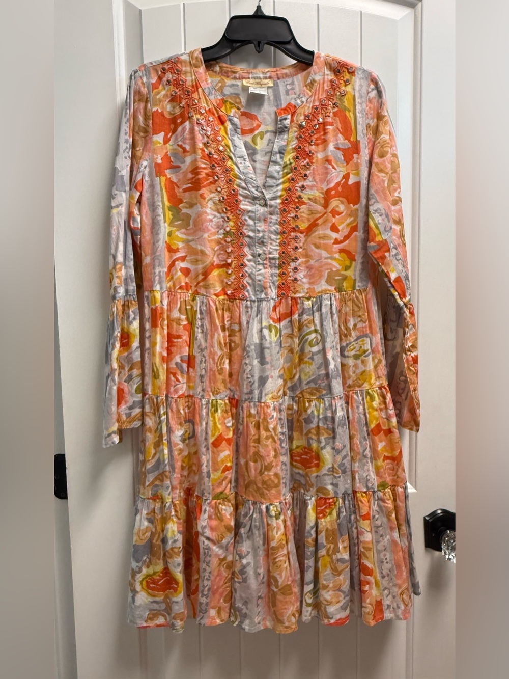 Sweet Magnolia Boho Tiered Mini Dress Mirror Embellished Floral Cotton Sz Small